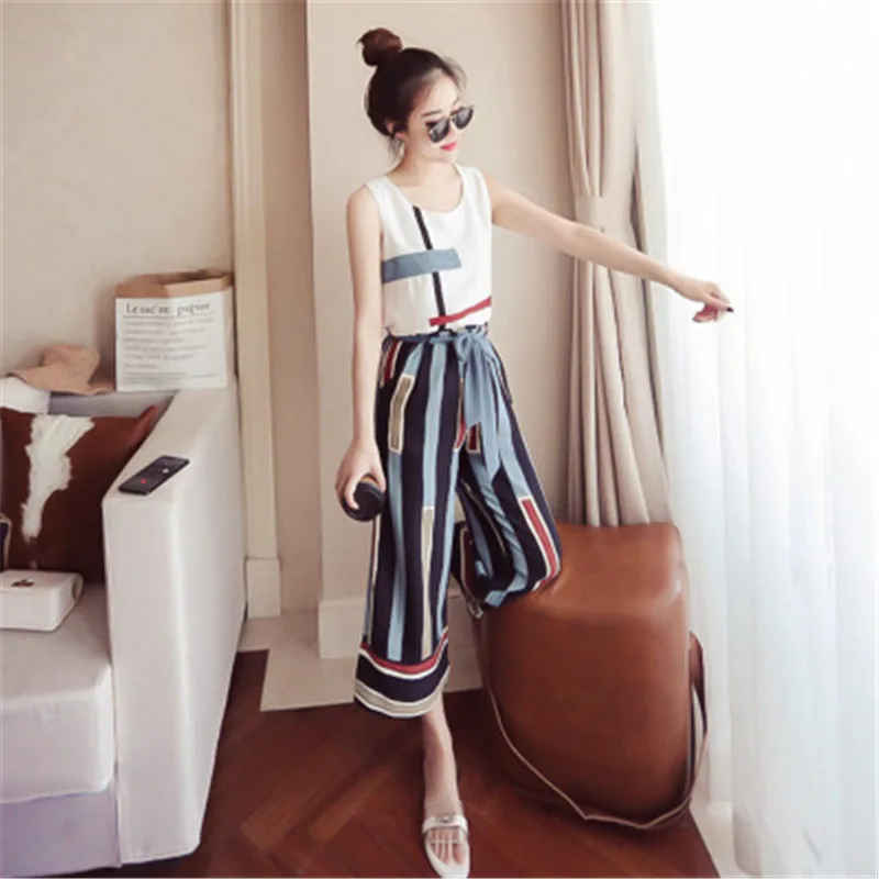 2018 Women Office Lady Two Piece Set Women Summer Sleeveless Striped Chiffon Tank Top Wide Leg Pants Elegant Casual Work Suit Women's Sets