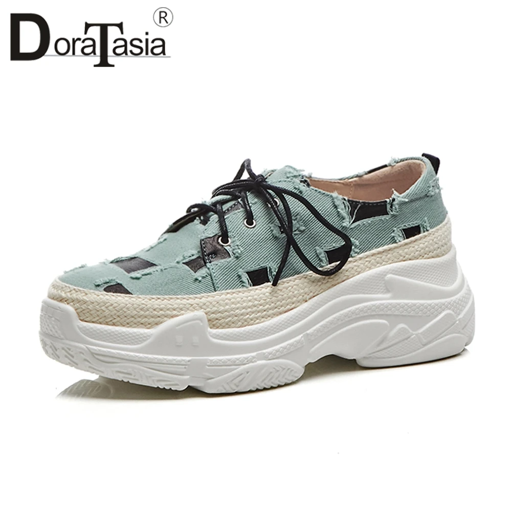

DORATASIA 2020 Autumn New Fashion Shredded Denim Platform Sneakers Women lace-up dad Shoes Female Flat flats Shoes Woman