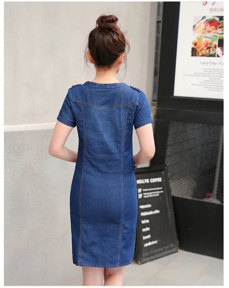 2018 New Arrival Summer Dress Women Denim Dresses Casual Short Sleeves Plus Size Rode Femme Ete V-neck Denim Dress Vestidos Mujer (5)