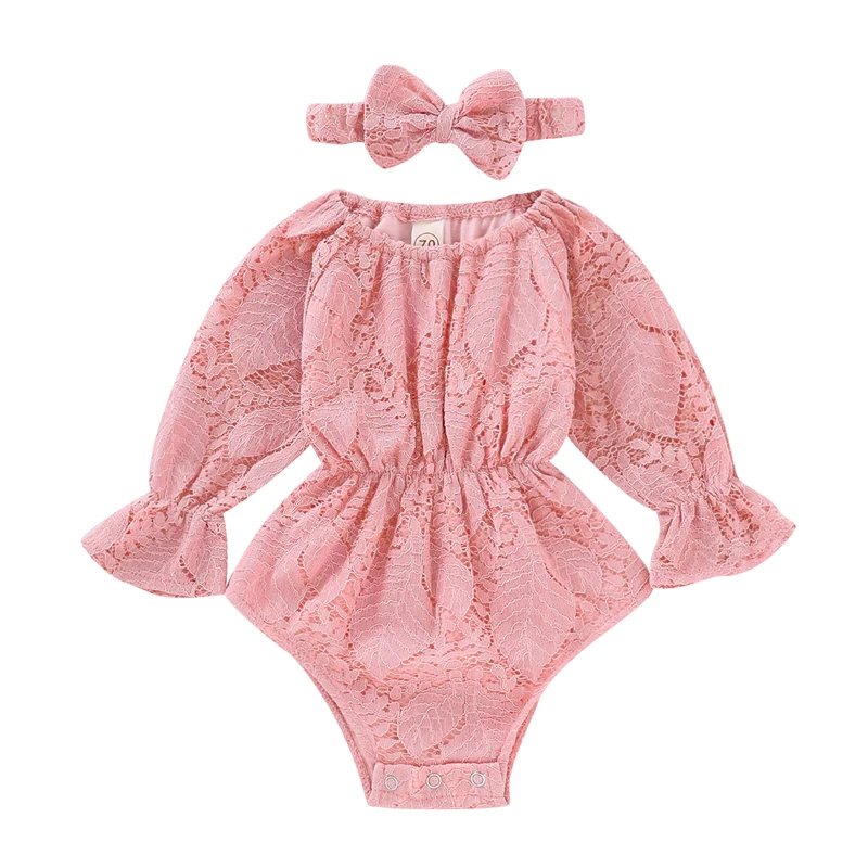 

2Pcs Newborn Infant Baby Girl Flower Lace Off Shoulder Long Sleeve Romper Jumpsuit +Bow Headband Outfit Set Toddler Clothes