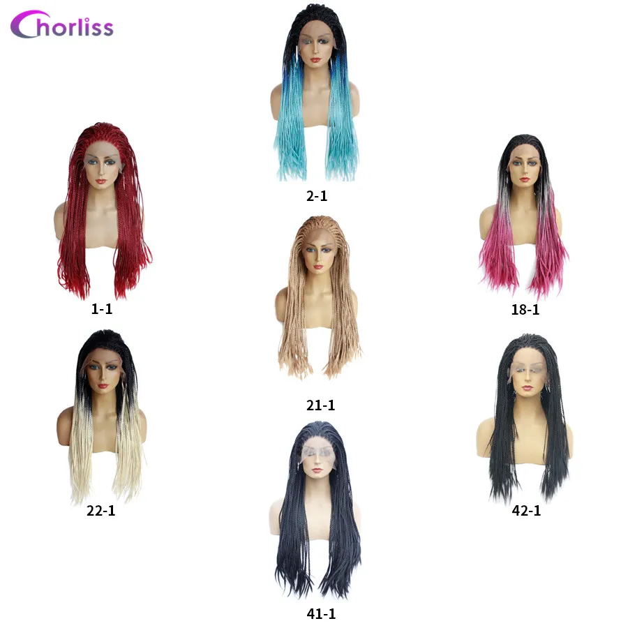 Long Braided Box Braids Wig Ombre Synthetic Lace Front Wig For Women Chorliss Hand Made Black Cosplay Wig Heat Resistant Wigs