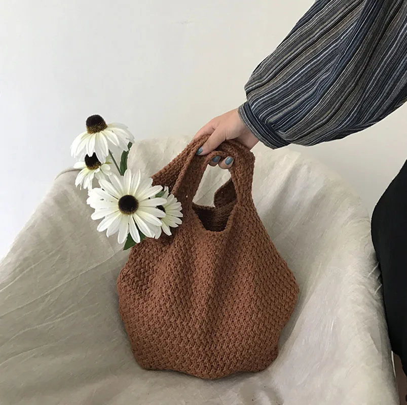 

Women's Handbag Vintage Hollow Knitting Bucket Shopping Bag Fashion Simple Tote Bag for Women Teenager Girls bolsa feminina