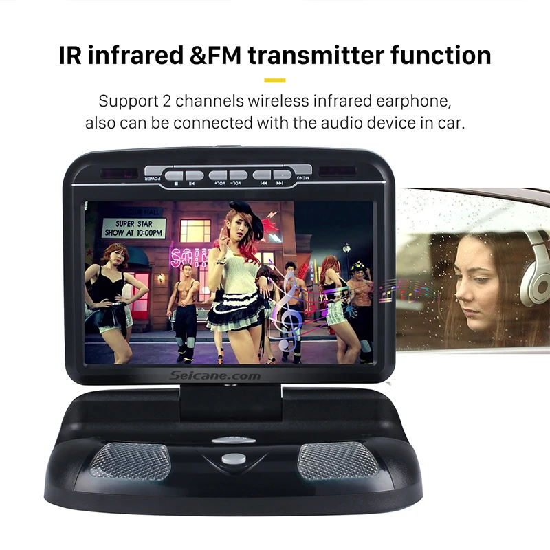 Seicane9 дюймовый автомобильный монитор на крыше, светодиодный цифровой экран, dvd-плеер с 3 ИК-ушками, fm-передатчик, откидная поддержка, 32 бита, игра