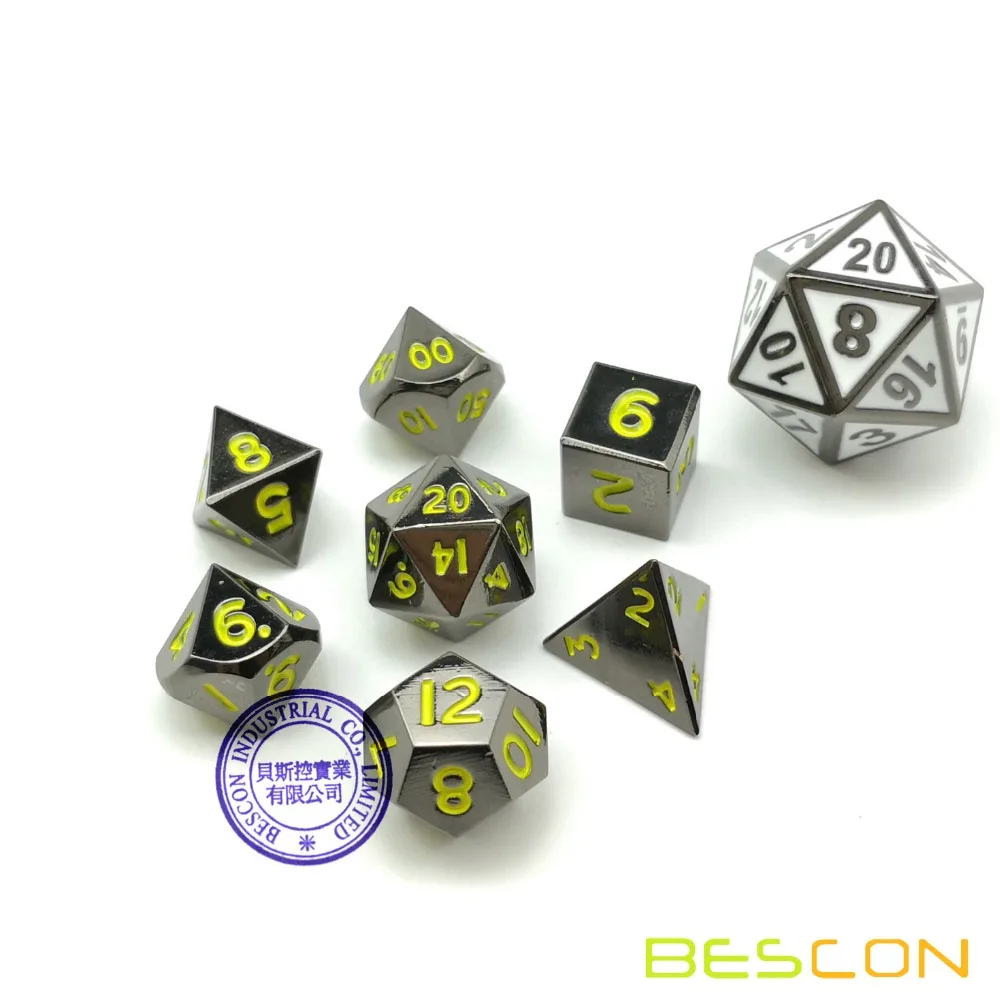 Bescon 10MM Mini Solid Metal Dice Set Glossy Black with Yellow Numbers, Mini Metallic Polyhedral