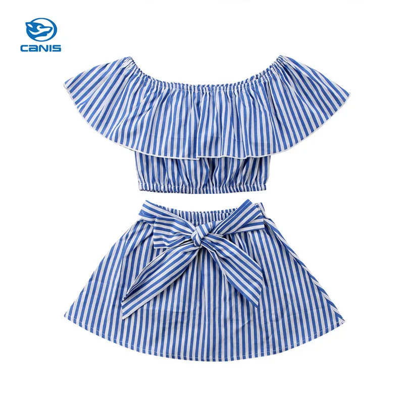 

CANIS Fashion 1-6Y Baby Girl Summer blue striped Ruffles T-Shirt+Tutu Skirts Princess Party Dress clothes set Outfits clothing