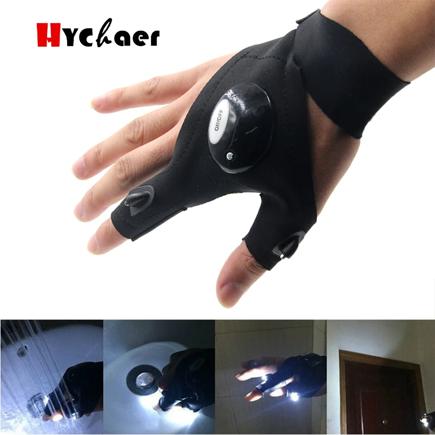 Right/Left Hand Adjustable Magic strap Fingerless Glove With LED Flashlight
