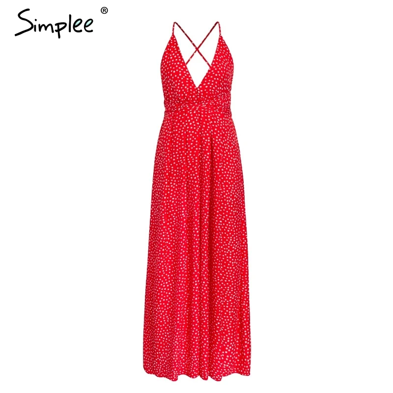 Женское летнее длинное шифоновое платье Simplee, винтажное элегантное вечернее красное платье макси с открытой спиной, в горох, с разрезом