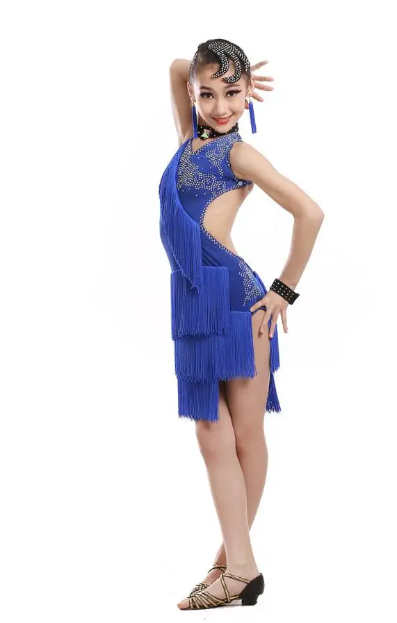 Блестками соревнования по фигурному катанию платья Дети Костюмы для латиноамериканских танцев Танцы конкурс Танцы одежда костюм Salsa Танцы платье Костюмы для девочки - Цвет: Синий
