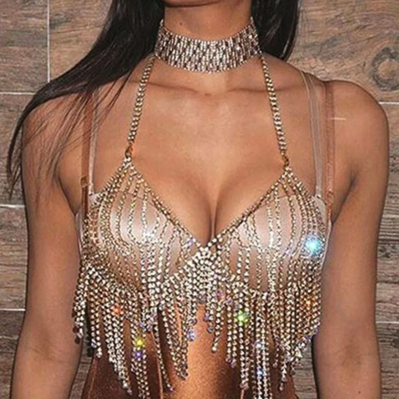 

Women Sexy Body Chain Shiny Sequin Chest Chains Bra Jewelry Silver/Gold Wedding Accessories Beach Rhinestone Sequins Bra Bikini