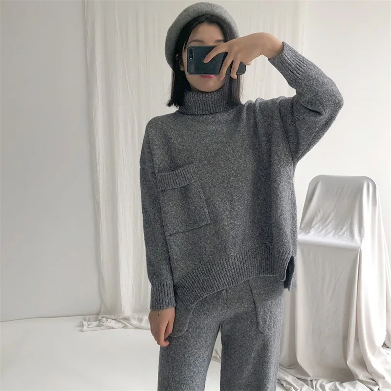 

Pullovers Real Pull Poncho 2018 autumn and winter new woolen knit women sweaters two pieces of loose broad leg pants suit