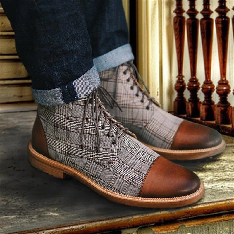 Spring Autumn Men Boots Vintage Style Men Shoes Male Casual Fashion PU Leather Lace-up Plaid British Shoes Men Ankle Boots P20 Spring Autumn Men Boots Vintage Style Men Shoes Male Casual Fashion PU Leather Lace-up Plaid British Shoes Men Ankle Boots P20