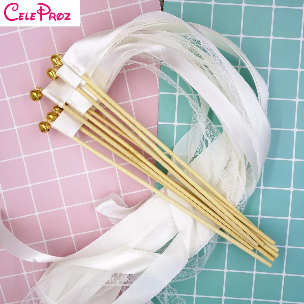 

50Pcs White Lace Ribbon Wands Wedding Twirling Streamers Wedding Ribbon Stick Streamers Stick With Bell Send off Bell Wands