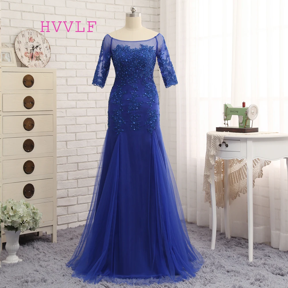 

Plus Size Royal Blue 2019 Mother Of The Bride Dresses Mermaid Half Sleeves Tulle Beaded Evening Dress Mother Dresses For Wedding