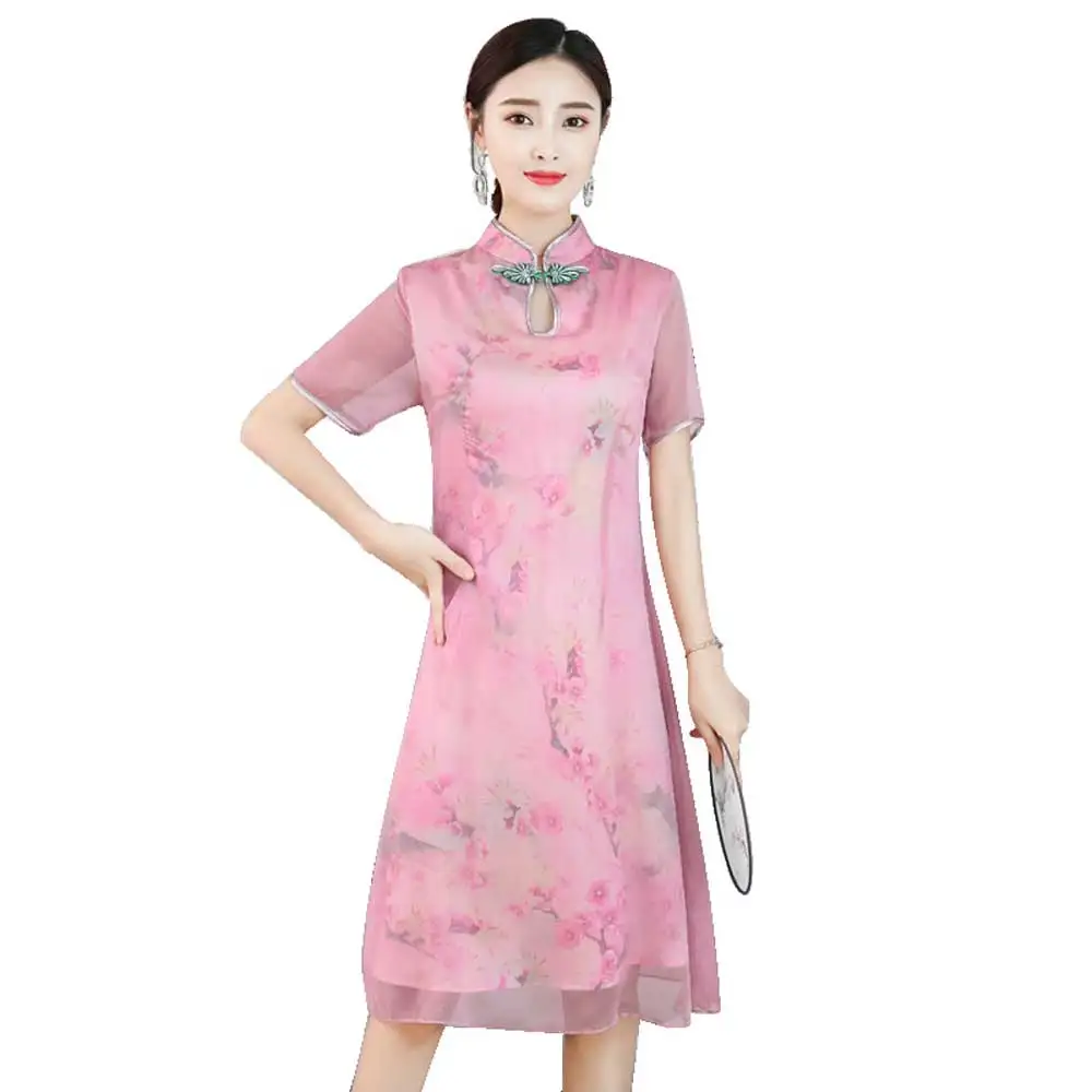 

2019 New Spring Summer Chiffon Floral Printed Cheongsam Dress Chinese Traditional Ethnic Satin Qipao Plus Size VKDR1433