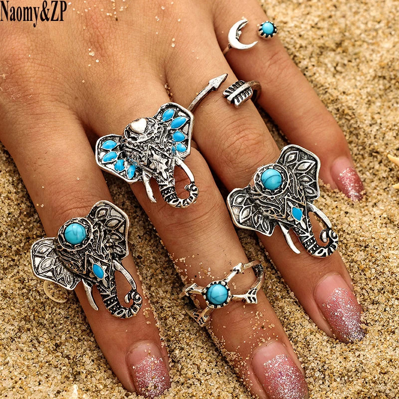 

Naomy&ZP 6pcs/Set Elephant Hollow Midi Ring Sets for Women Carved Boho Beach Vintage Turkish Punk Arrow Moon Knuckle Ring Kit