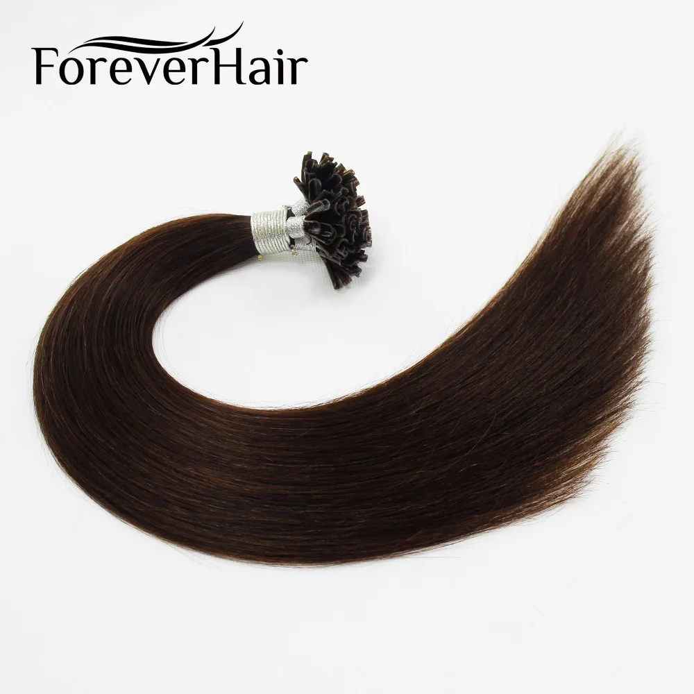 FOREVER HAIR 0,8 г/локон 1" Remy Nail U Tip Prebond Кератин клей человеческие волосы для наращивания темно-коричневый#2 50 прядей прямой Fusion