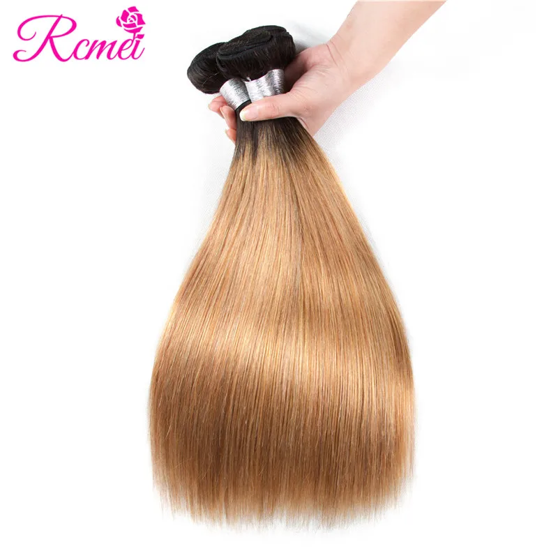 Rcmei Omber Hair Bundles Honey Blonde Pre-Colored Brazilian Straight Human Hair Weave T1B/27 Dark Roots Hair Weaving 3Bundle Dea