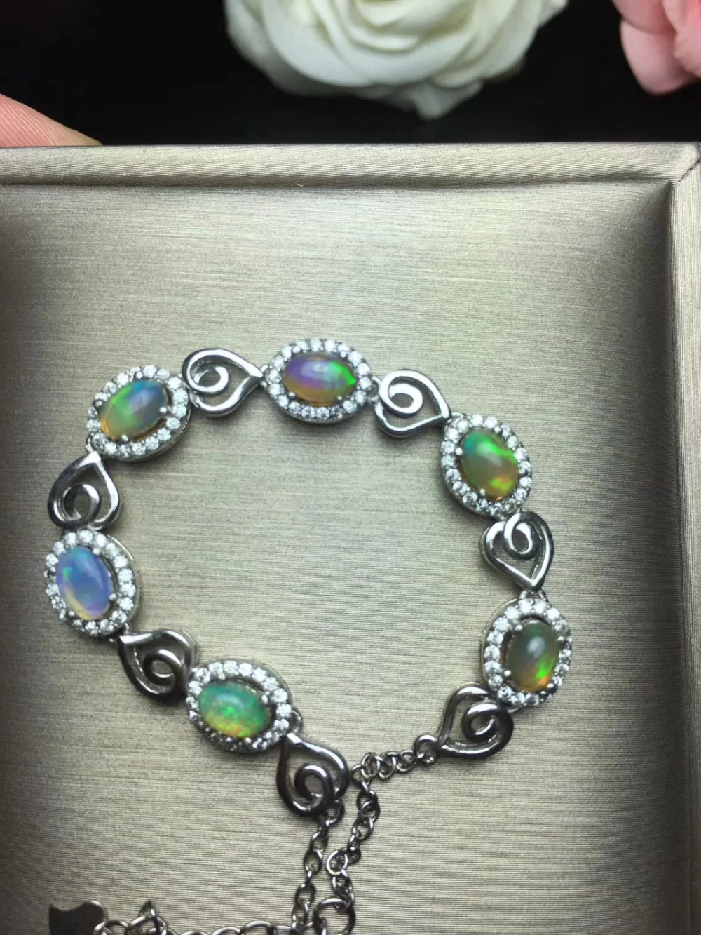  Bracelet opale multicolore naturel Bracelet pierre gemme naturelle 925 bracelet en argent femme mod