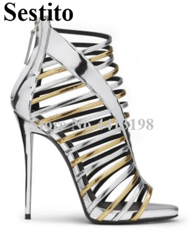 

2019 European Sexy Gold Silver Summer Narrow Band Stiletto Heel Sandals Platform Peep Toe Cover Heel Zip Sandals Women Shoes