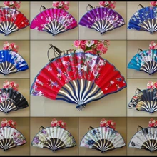 50 шт./партия, разные цвета и цветочный узор, бамбуковая рамка, атласный Шелковый ручной вентилятор для женщин