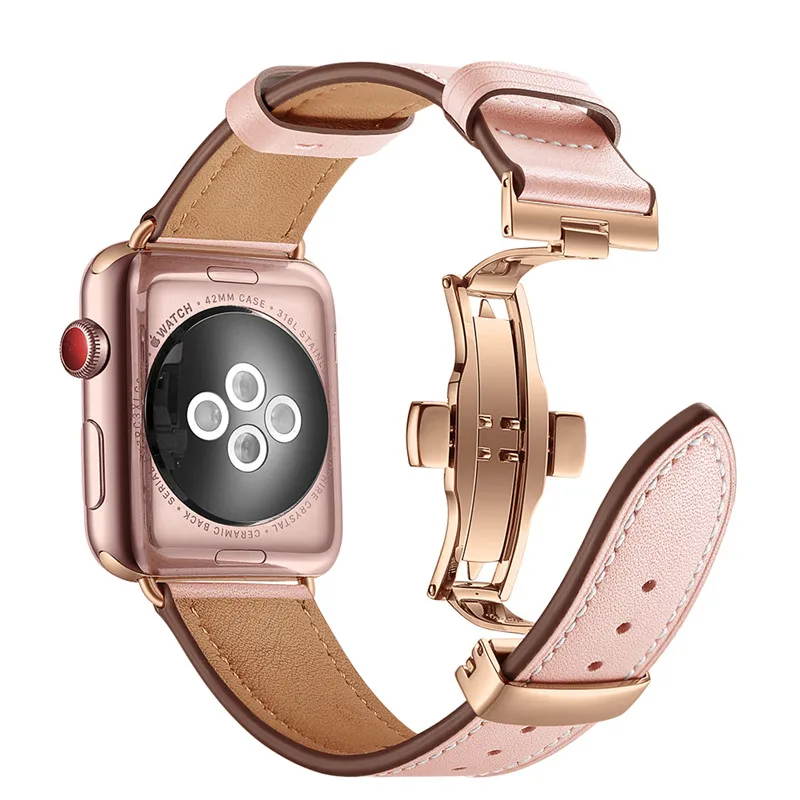 Rose Gold Butterfly Clasp Leather Watch Strap For Apple Watch Band 38mm 42mm For iWatch Fashion Replace Bracelet Watchbands