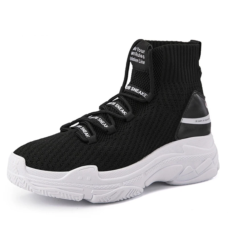 High Top Sneakers Men Unisex Knit Upper Breathable Shoes Fashion Shark Logo Couple Black / White Shoes Sock Shoes Thick Sole 5cm