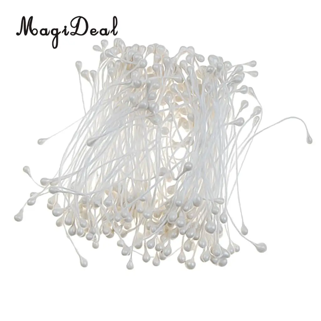 MagiDeal 150 Pieces Pearl Double Tip Floral Stamens Pearlized Double Head with Stem Gift wrapping Decoration - White