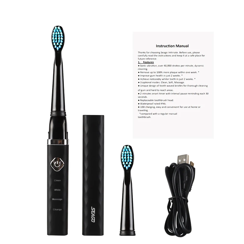  SEAGO Sonic Portable Electric Toothbrush Brushes USB Rechargeable Waterproof Deep Clean With 2 Brus