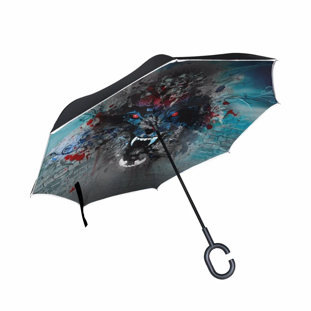 

Illustration Of Angry Wolf Head On Colorful Abstract Windproof Reverse Umbrella Double Layer Inverted Umbrellas Rain Women