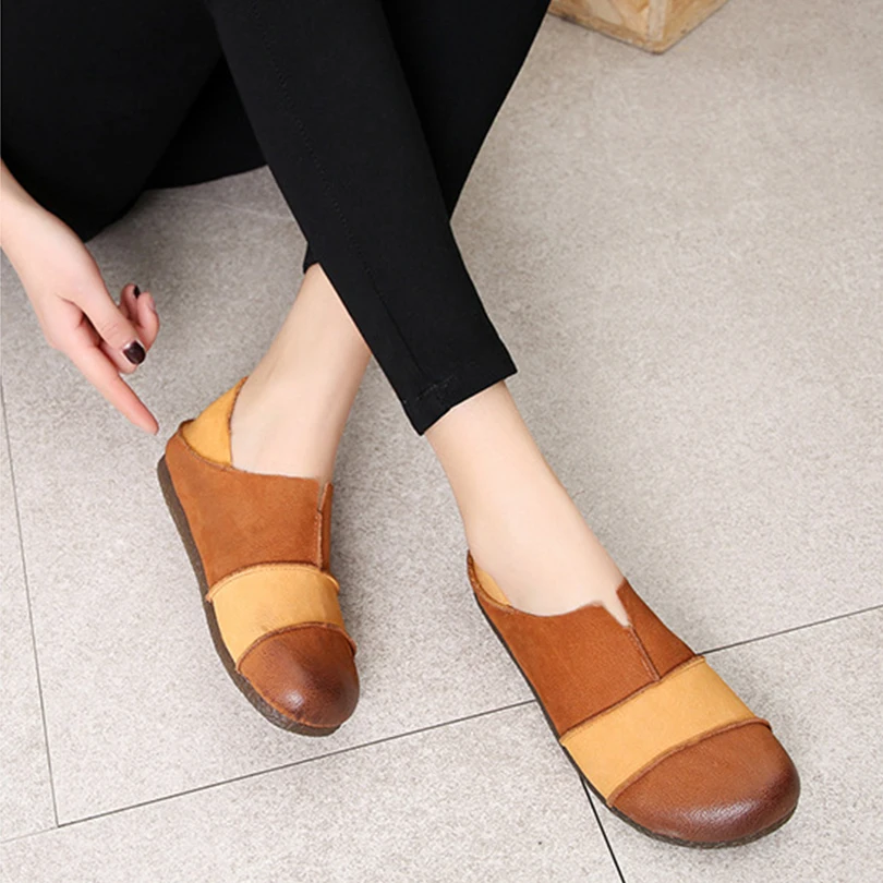 

Genuine Cow Leather Women Flats Female Loafers Casual Slip-on Handmade Rubber Solid Red Black White Shallow Shoes For Women 19