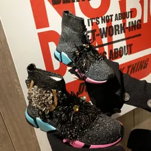 Носки с украшением в виде кристаллов, кроссовки, черные, Для женщин Стразы повседневная обувь с украшением в виде кристаллов обувь женские ботинки с Ленточки вязаный Высокие ботильоны WK98