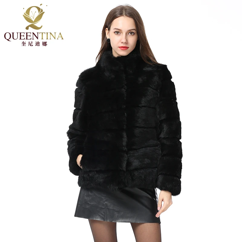 

Whole Full Pelt Rabbit Fur Coat Stand Collar Jacket Real Rabbit Fur Coat New Winter Women Fashion Fur Waistcoat Natural Fur Coat