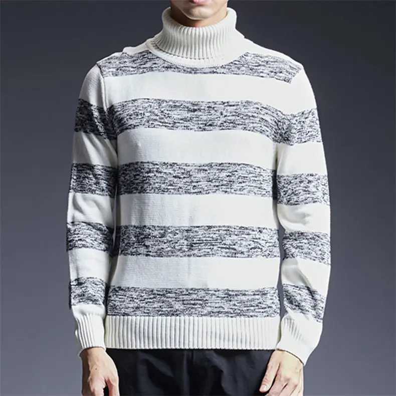 Thicken Mens Turtleneck Sweater Pullovers Winter Colored Wool High Neck Pullover Sweater Jumpers Male Striped Knitwear Clothing 02