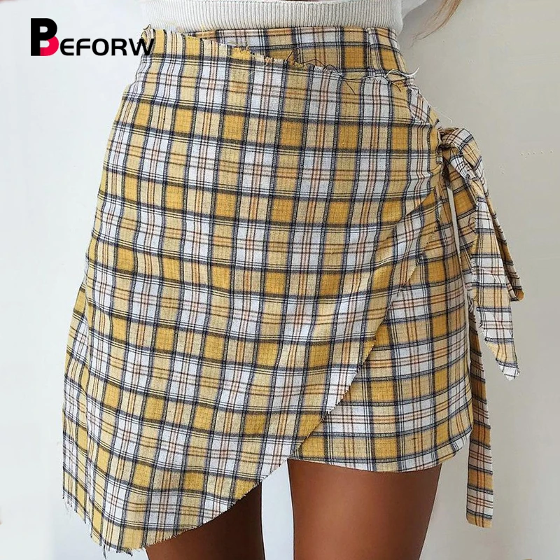 BEFORW Harajuku Повседневные мини-юбки женские модные клетчатые готические юбки корейские сексуальные юбки с боковой шнуровкой женская уличная одежда