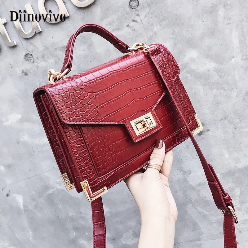 

DIINOVIVO Retro Fashion Female Square bag New Quality Women bag Crocodile Pattern Tote Bag Lock Shoulder Messenger Bags WHDV0919