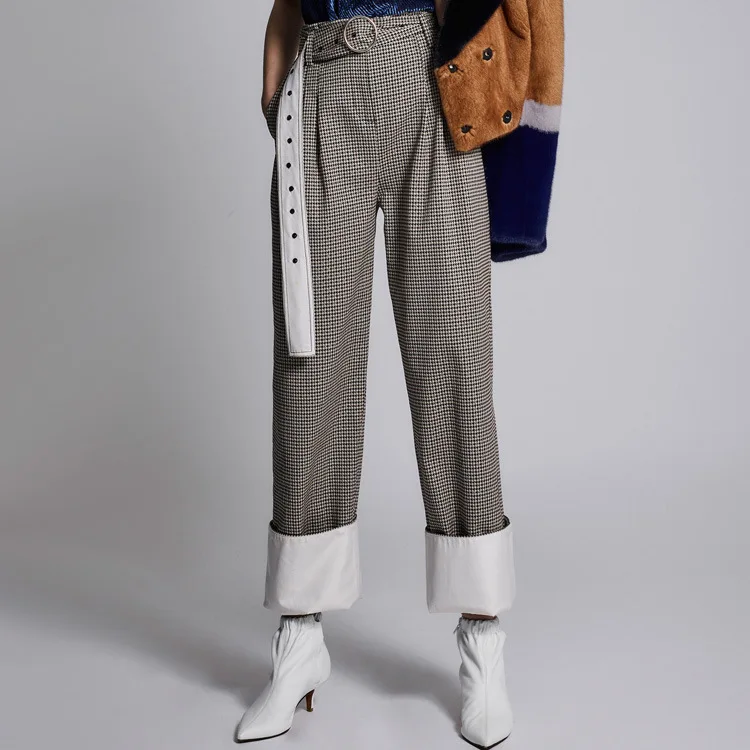 

2019 New Style European American Autumn Winter Swing Plaid Flanged Broad-legged Casual Trousers Fashion Pants Trousers Women