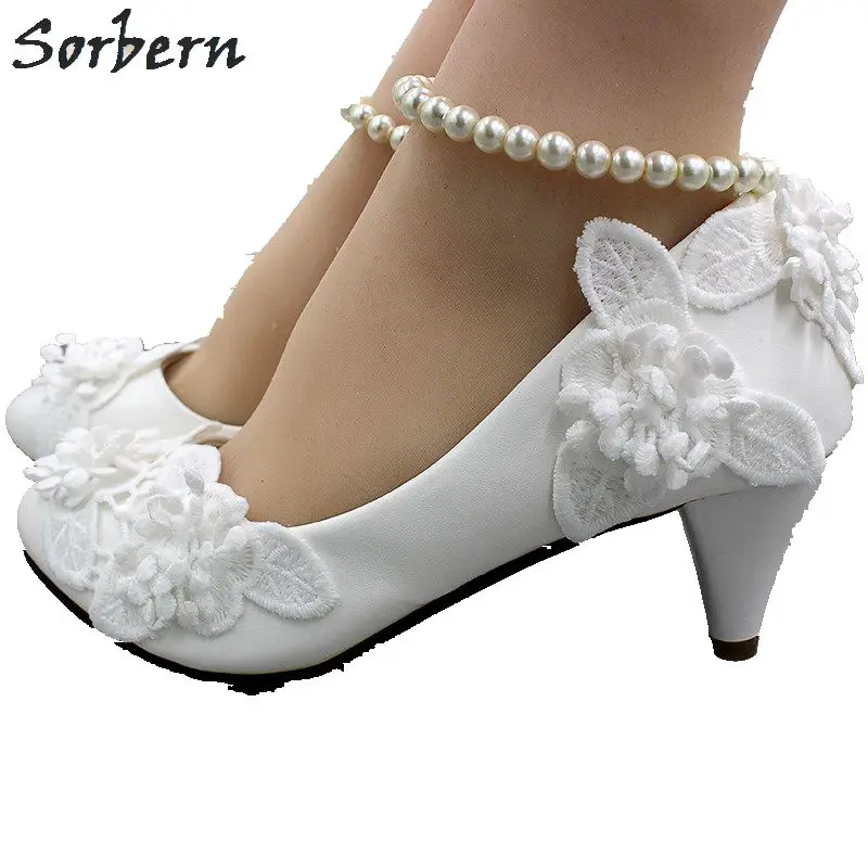 Sorbern Women White Bridal Shoes Lace Applique Elastic