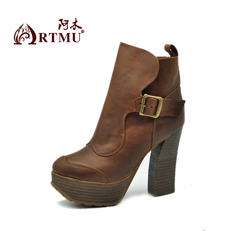 

Artmu Super High Women Boots 11 cm High Heel Pumps Boots Handmade Genuine Leather Comfortable Round Toe Buckle High Heels Boots