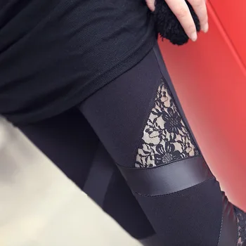 

Spring New Triangular Lace Spell Leather Leggings Skinny Pants Nine Female Backing