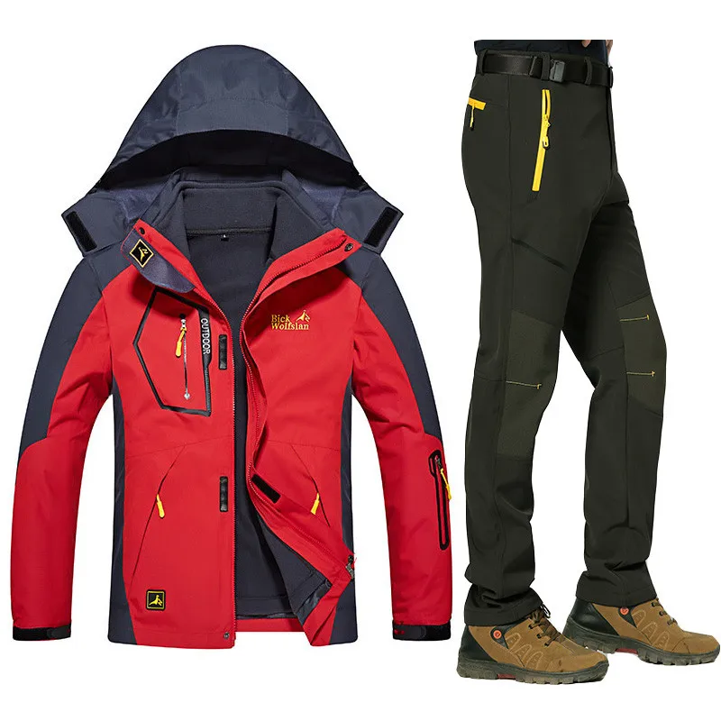 Зимние теплые лыжные костюмы для мужчин, водонепроницаемые флисовые зимние куртки, термопальто, верхняя одежда для горного сноуборда, лыжная куртка, брюки, мужская одежда - Цвет: Red    Army green