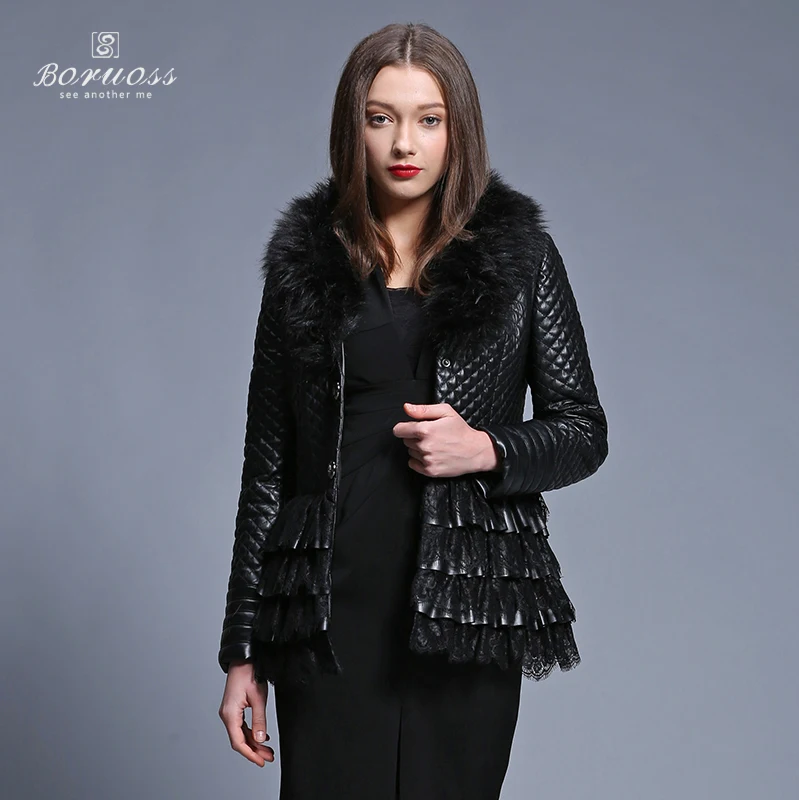 Boruoss 2015 Women Black Coat Mid long Ladies Black Lace Coat Fur