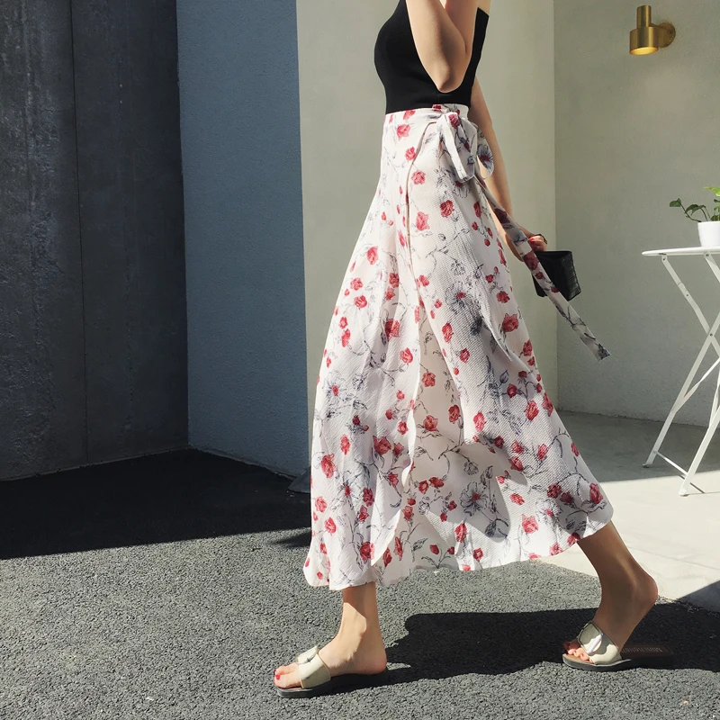 

summer women 2019 Vintage boho Style Beach Chiffon maxi skirts high waisted Flower Printed One-piece Sashes Long Skirts