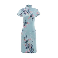 Womem/летнее китайское женское платье с принтом, традиционный ченсам, короткий рукав, Qipao, большие размеры, вечерние, воротник-стойка, M-4XL
