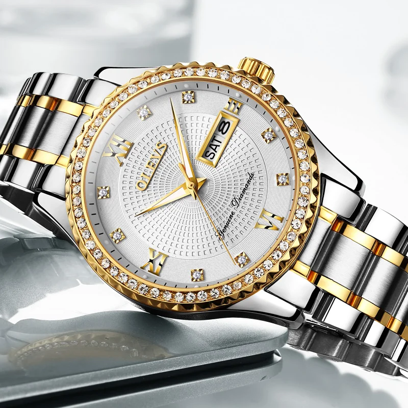 Tanie OLEVS luksusowe złoty diament mężczyźni zegarki Top marka świecąca tarcza stalowa bransoletka Watchband data mężczyzna zegar biznes zegarek 6618
