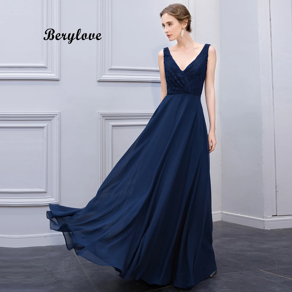 BeryLove Long Navy Blue Evening Dresses 2018 V Neck Lace Evening Dress
