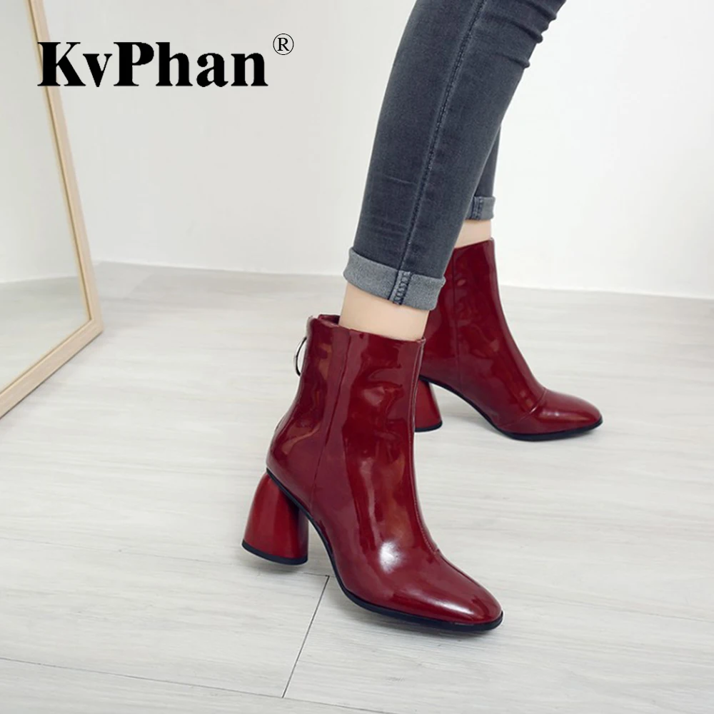 

Genuine Leather Women Boots KvPhan Square Toe Ankle Boots 2018 Patent Leather High Heels 7 cm Women's Boots Black Martin Boots