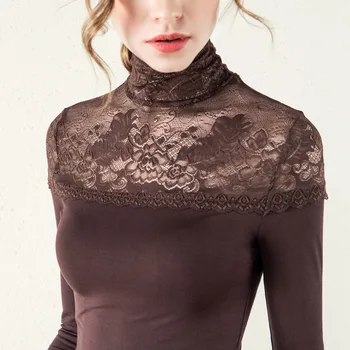 

ACRMRAC Women t-shirt Spring and autumn t-shirt Lace Long sleeve Turtleneck Slim Sexy Tops Tees T-shirt Women