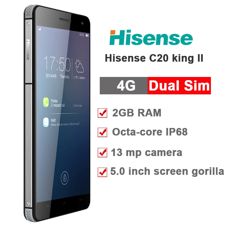 Прочный телефон Hisense C20 IP67 C20 KingKong II FDD_LTE CDMA Восьмиядерный 2 Гб 16 Гб 13,0 МП 3200 мАч 5,0 дюймов ips HD