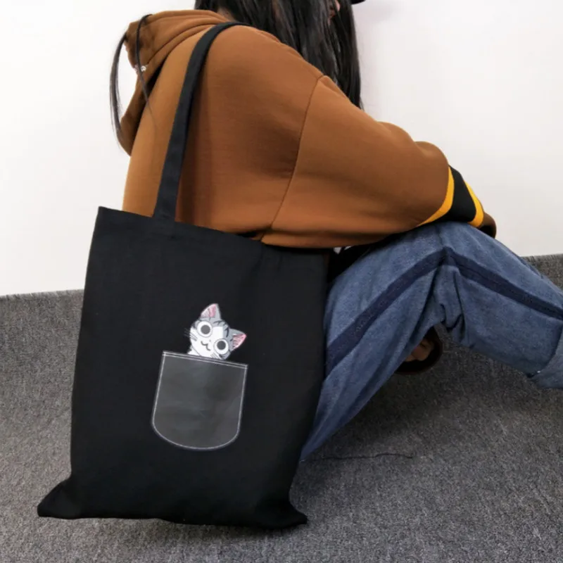 Холщовая Сумка-тоут для женщин, тканевая мультяшная сумка через плечо, милые сумки для покупок с кошками и собаками