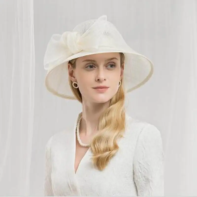 

Elegant Beige White Black Pink Wide Brim Ladies Sinamay Womens Hat Elegant Big Bow Linen Wedding Fedoras Kentucky Derby Hats